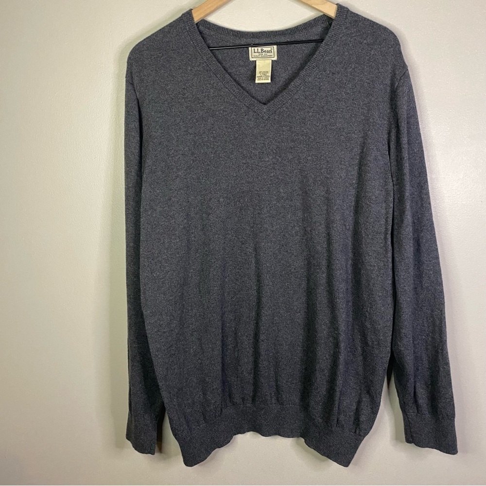LL Bean cotton cashmere V neck‎ sweater large tall LT navy blue